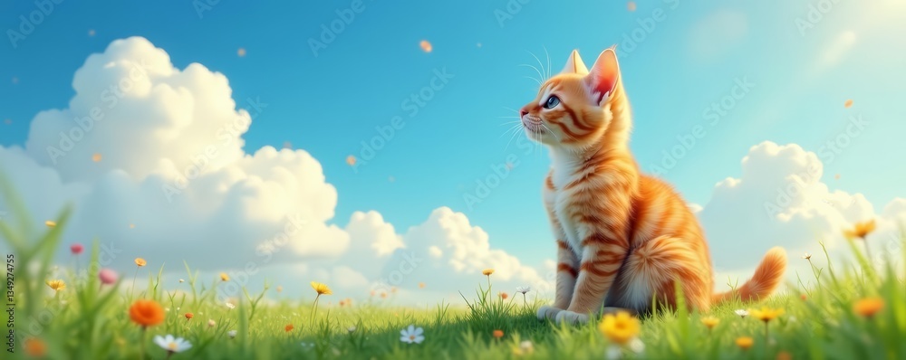 Obraz premium Cute feline sitting outdoors and watching the clouds float by, watching, adorable, sky