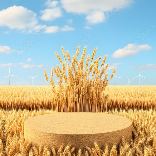 Obraz na płótnie A podium built from golden wheat, standing in the middle of a vast countryside field with windmills in the distance. w salonie