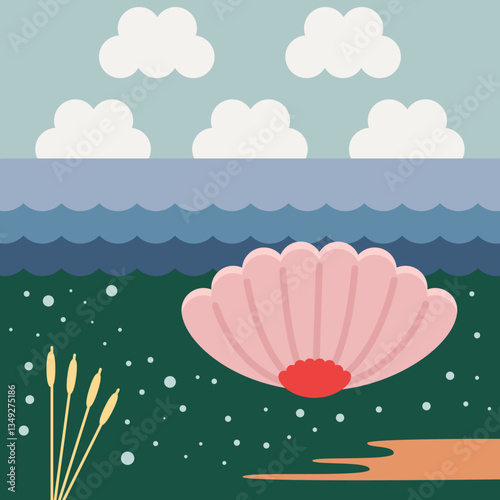 Serene Seashell with Ocean Illustration