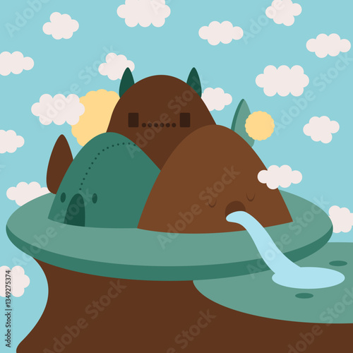 Cute Mountains with River and Sun Illustration