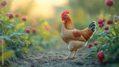 A free-range chicken walking confidently along a dirt path in a lush green farm environment under a sunny sky