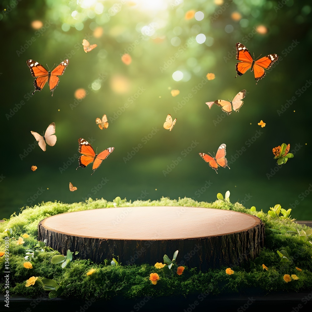 A podium resting on a bed of soft moss, surrounded by fluttering butterflies in a magical garden.