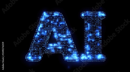 Bright Blue AI Text with Digital Binary Background in Dark Space