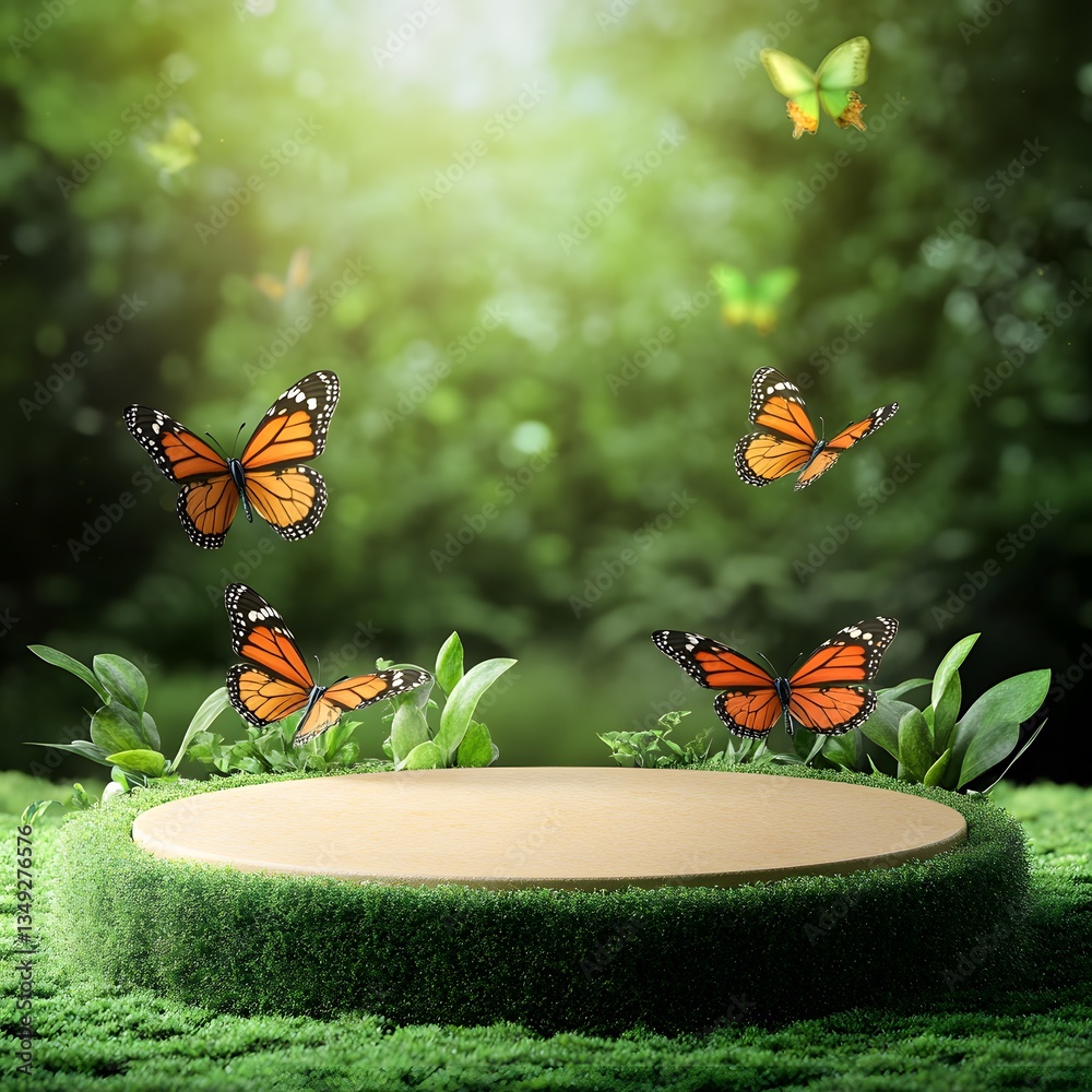 A podium resting on a bed of soft moss, surrounded by fluttering butterflies in a magical garden.