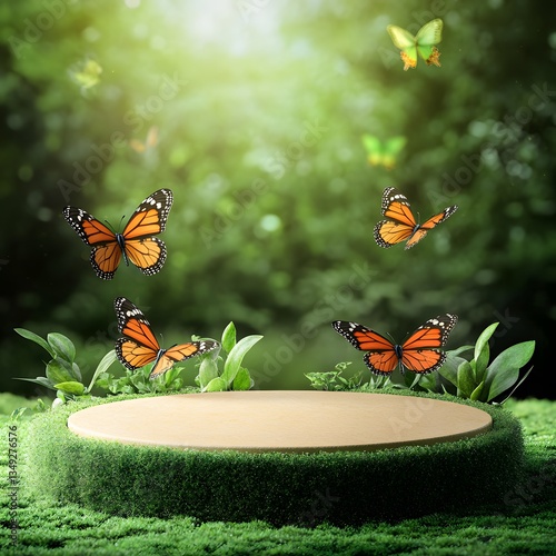 Obraz na płótnie A podium resting on a bed of soft moss, surrounded by fluttering butterflies in a magical garden. w salonie