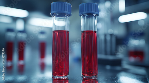 Crimson secrets: Two vials of vibrant red liquid stand in a sterile lab, hinting at breakthroughs and scientific mysteries under cool blue lighting.