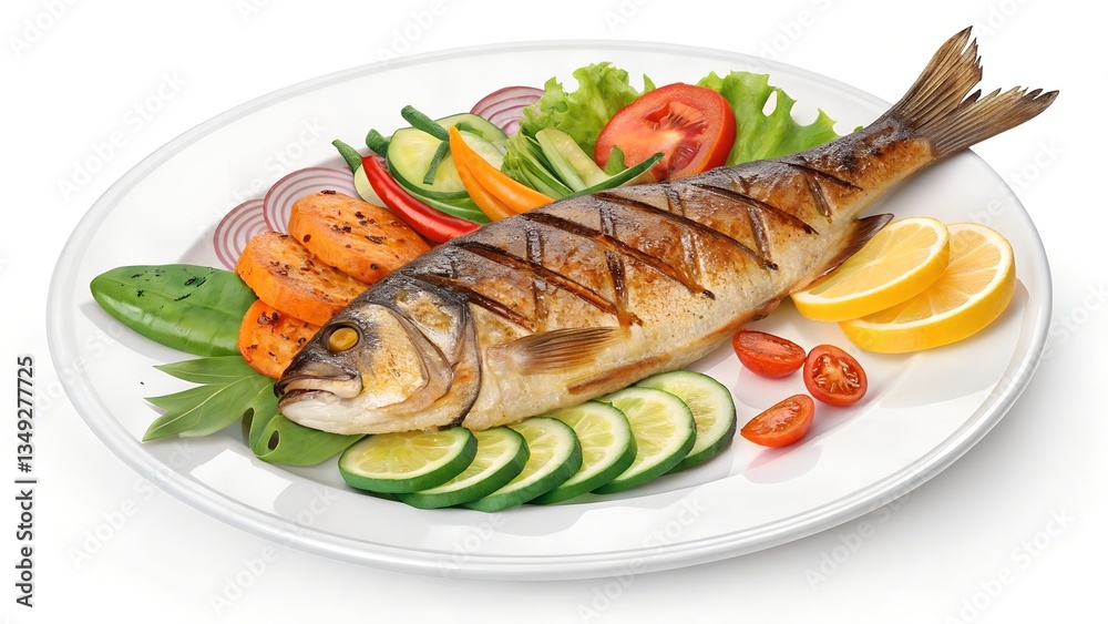 Grilled fish with vegetables. 3d cartoon vector icon. white background Grilled fish with vegetables. 3d cartoon vector icon. white background