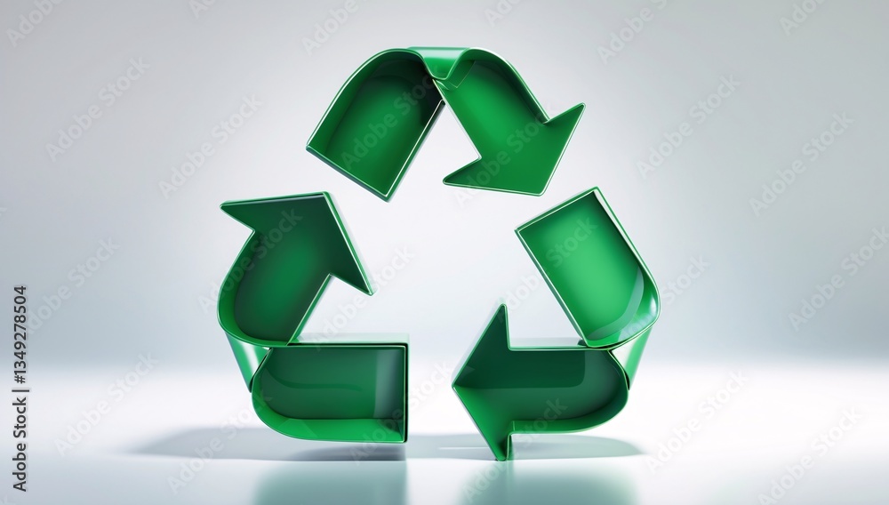 Obraz premium A vibrant green recycling symbol made of glossy plastic arrows on a neutral background, symbolizing sustainability and eco-friendliness.