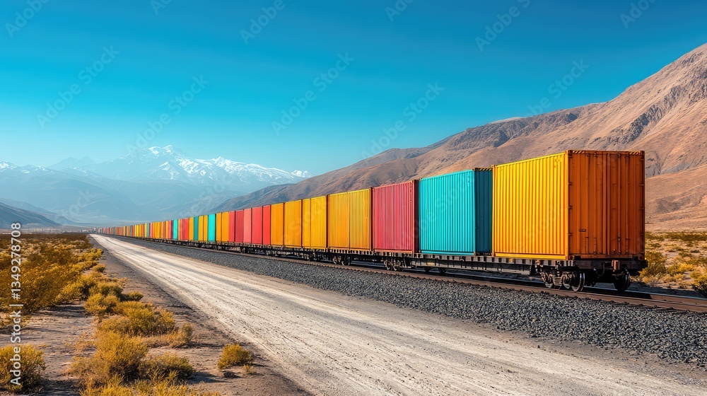 Fototapeta premium A freight train hauling colorful containers along a desert landscape, with a clear blue sky stretching endlessly above