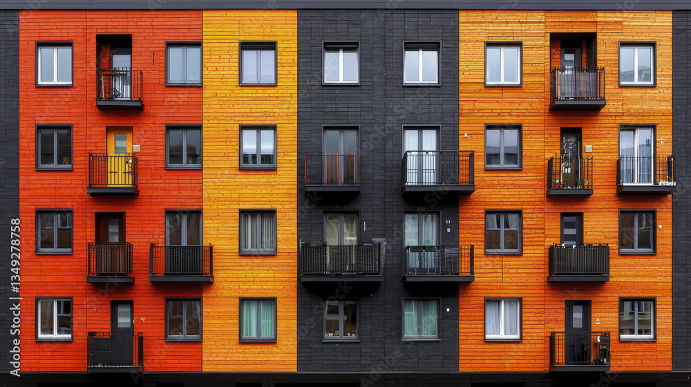 Obraz premium modern apartment building with vibrant orange and black facade featuring multiple balconies