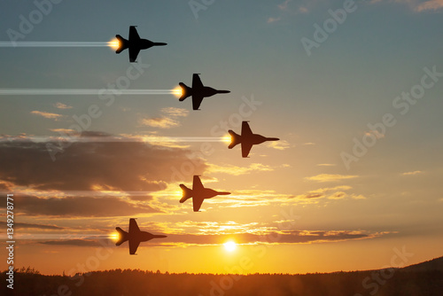 Air Force Day. Aircraft silhouettes on background of sunset. Combat flight of interceptors on a mission.
