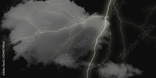 Mountainous Cumulus Clouds Boiling in the Summer Sky. White cloudiness, mist or smog overlay backgrounds. Wide sky and clouds dark tone. Dark cloud at evening sky with thunder bolt.>>
