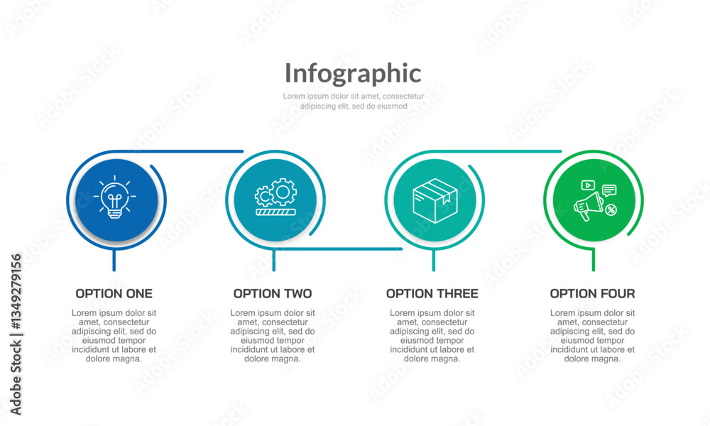 Fototapeta premium Infographic chain with 4 circle options. Presentation, Report, Information, Plan and Strategy. Vector illustration.