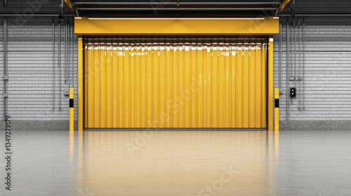 large yellow industrial garage door in modern warehouse setting