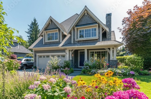 4-bedroom, 3-bathroom home in White Rock, British Columbia, with beautiful landscaping and flower beds. The house is grey-colored with stone accents on the front porch.
