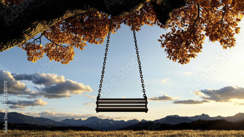 wooden swing hangs from tree with autumn leaves, overlooking scenic mountain landscape at sunset