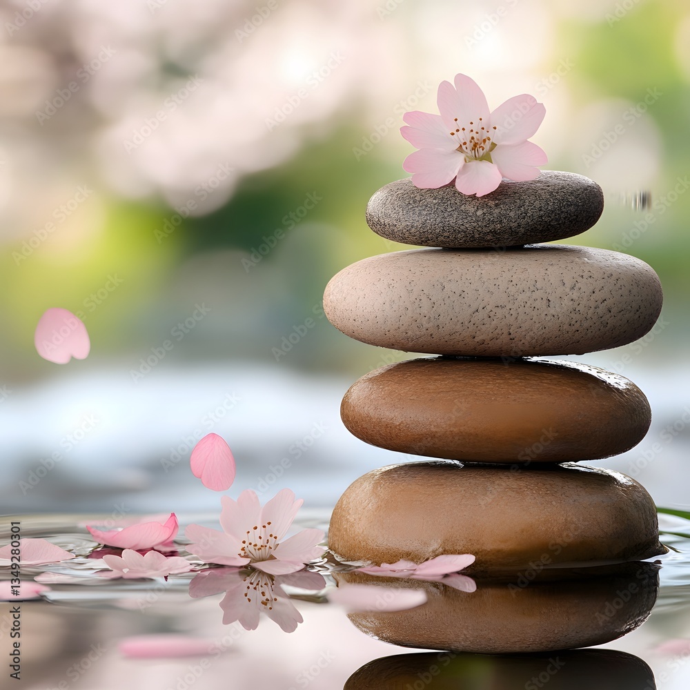 A podium made of smooth river stones, set beside a flowing stream with cherry blossom petals floating on the water.