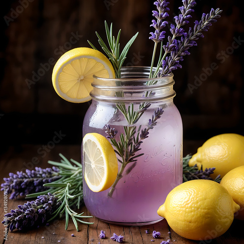 Lavender Lemonade in Rustic Jar with Fresh Herbs & Citrus