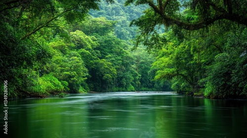 Serene River Flowing Through Lush Green Rainforest