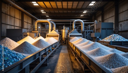 An industrial facility showcasing piles of recycled materials under warm lighting.