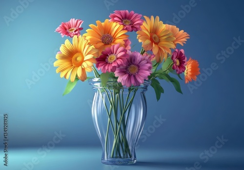 Wallpaper Mural Vibrant Gerbera Daisies in Clear Glass Vase on Blue Background Torontodigital.ca