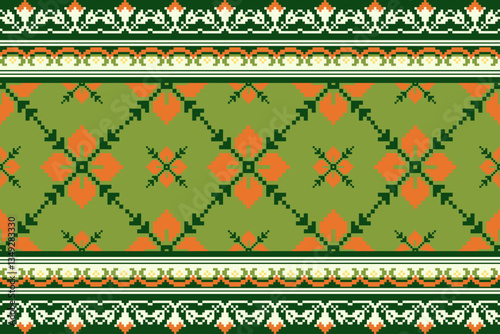 Cross Stitch Border. Embroidery Cross Stitch. Ethnic Patterns. Geometric Ethnic Indian pattern. Native Ethnic pattern.Texture Textile Fabric Clothing Knitwear print. Pixel Horizontal Seamless Vector.