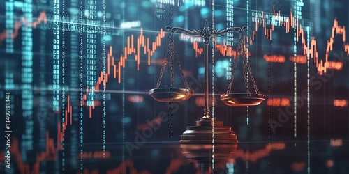 Scales of Justice and Financial Data: A Dark Blue and Orange Digital Background