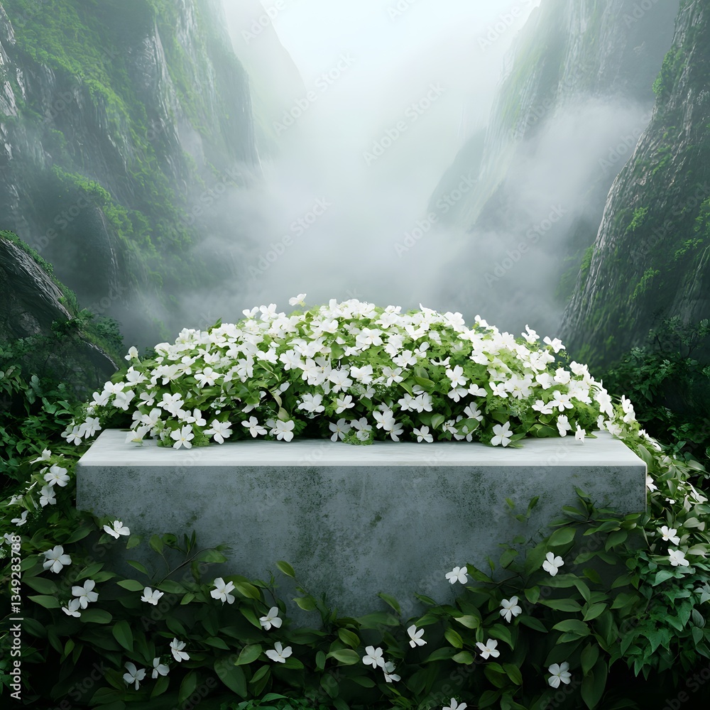 A podium covered in delicate white jasmine flowers, placed in a foggy mountain valley.