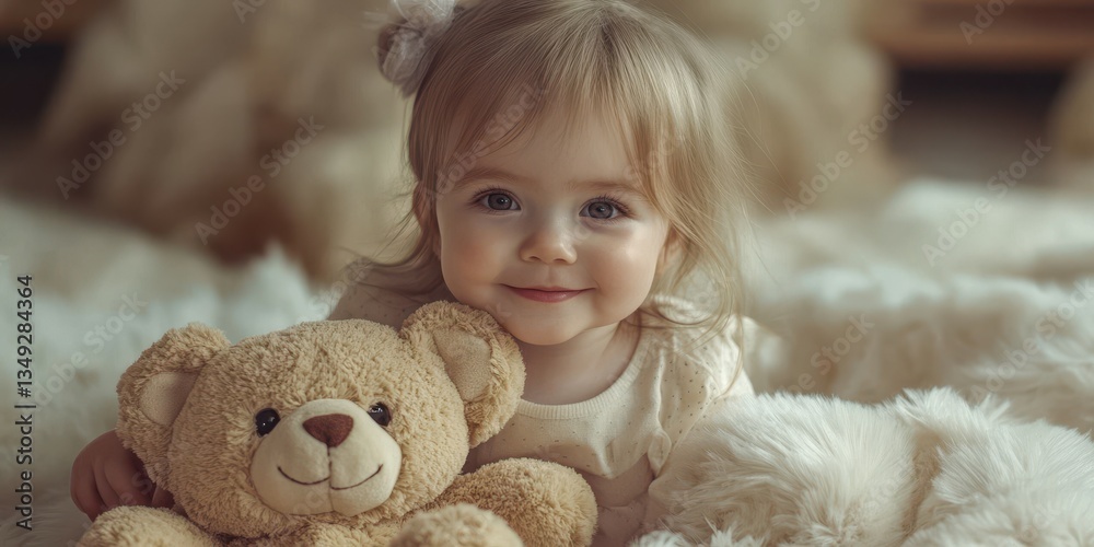 Happy toddler with teddy bear enjoying cozy time at home on a soft blanket Happy toddler with teddy bear enjoying cozy time at home on a soft blanket