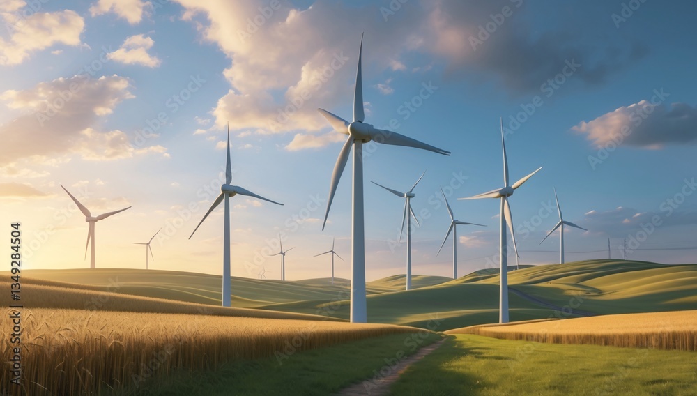 Scenic view of wind turbines on rolling green hills during a golden sunset. Scenic view of wind turbines on rolling green hills during a golden sunset.