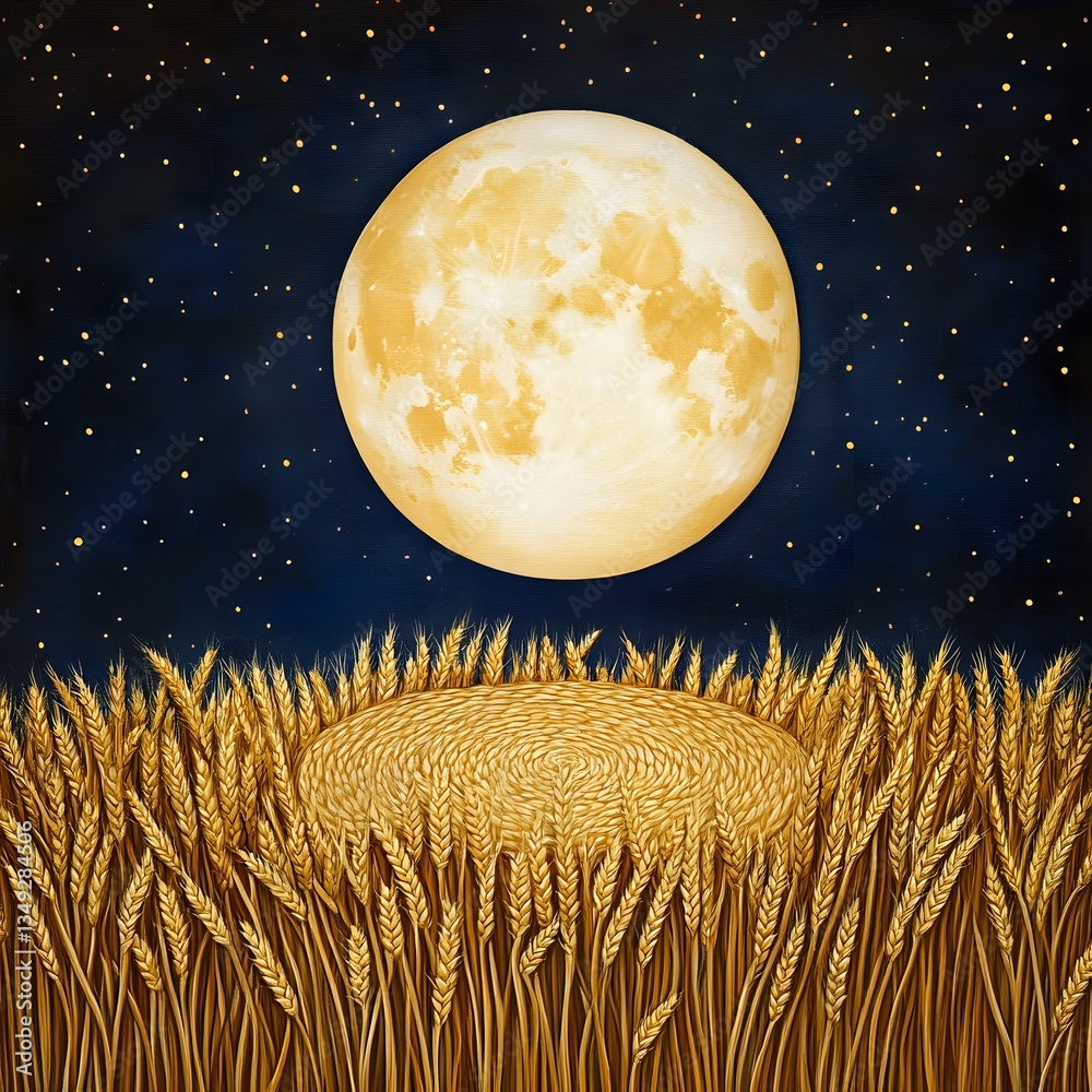 A podium woven from golden wheat stalks, standing in a glowing field under a harvest moon.