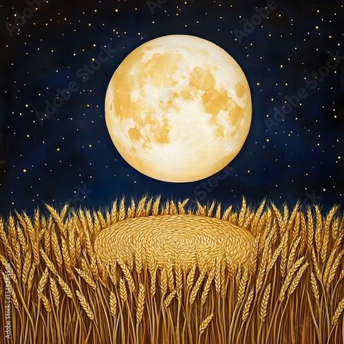 Obraz na płótnie A podium woven from golden wheat stalks, standing in a glowing field under a harvest moon. w salonie