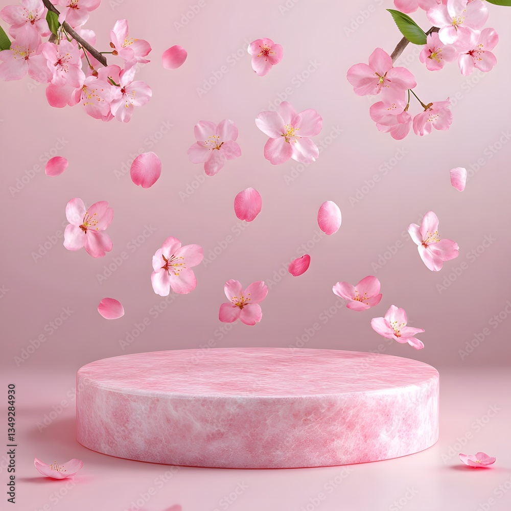 A podium sculpted from soft pink quartz, surrounded by floating cherry blossom petals.
