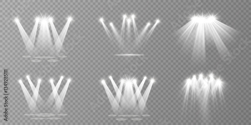 Set of Spotlight isolated on transparent background. Vector glowing light effect with white rays and beams. Vector illustration