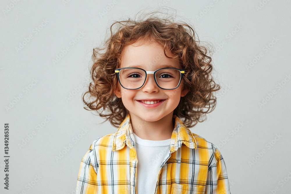 Obraz premium A young boy with curly hair is wearing glasses and smiling