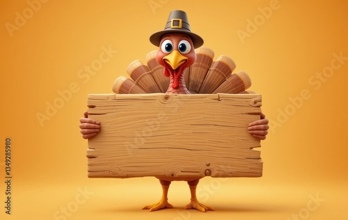 Cartoon Turkey Holding Blank Wooden Sign with Pilgrim Hat for Thanksgiving