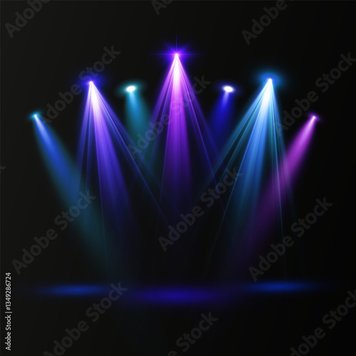 Colorful Spotlight. Light sources, colorful concert lighting, stage spotlights. Spotlight beam with bright flickering light effect. 