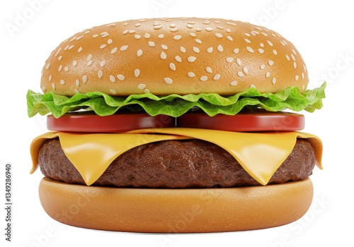 A delicious looking burger with cheese tomato and lettuce on sesame bun on black background