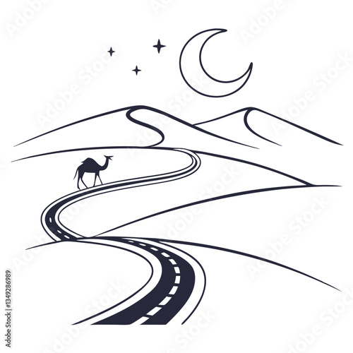 Desert Path with Camel Illustration for Travel, Nomad Life, and Minimalist Art

