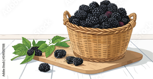 Blackberry Illustration vector design, Blackberry in wicker basket on table Illustration vector design
