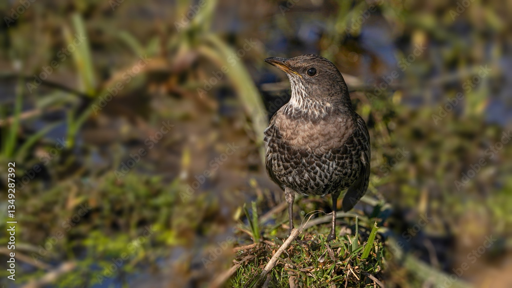 Ring Ouzel bird on the field Ring Ouzel bird on the field