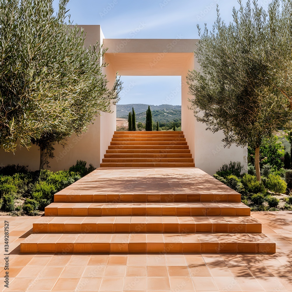 A podium made of stacked terracotta tiles, set in a Mediterranean garden with olive trees.