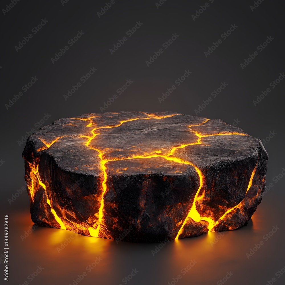 A podium made of obsidian rock, glowing with veins of molten lava in a volcanic landscape.