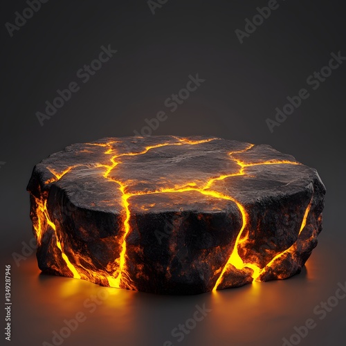 Obraz na płótnie A podium made of obsidian rock, glowing with veins of molten lava in a volcanic landscape. w salonie