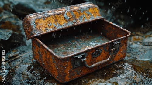 Highly Detailed Depiction of Rusty Dented Metal Box in Rain