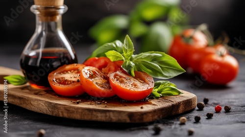 Caprese salad ingredients preparation: Fresh tomatoes, basil, balsamic glaze