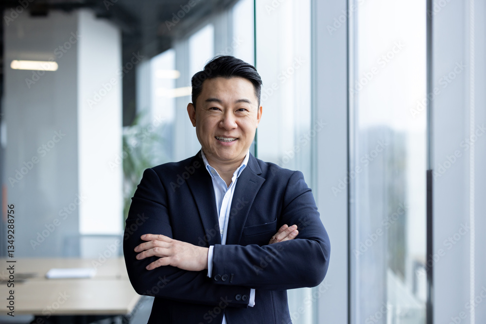 Portrait of a serious young Asian man in a business suit confidently posing for the camera in a corporate office with his arms crossed on his chest Portrait of a serious young Asian man in a business suit confidently posing for the camera in a corporate office with his arms crossed on his chest