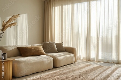 Minimalist, interior design of residential living room with a view of curtains from windows and sofa. Generative AI
