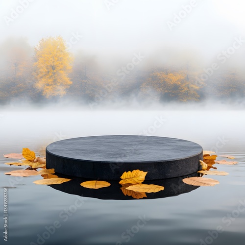 A podium surrounded by floating autumn leaves, placed in a serene misty lake.