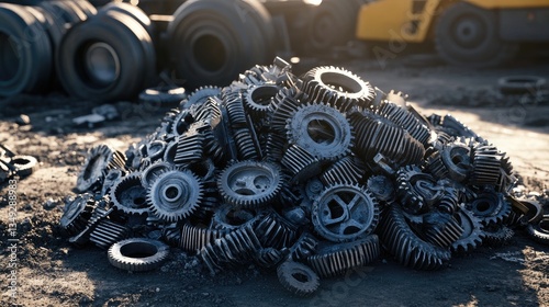 A pile of discarded gears and mechanical components in a metal recycling yard